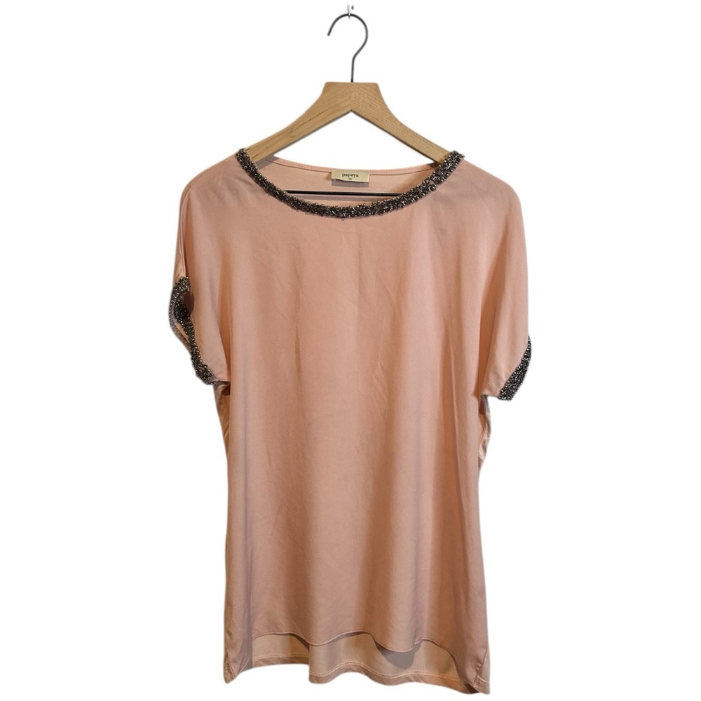 Papaya Blush Pink Peach Blouse Women’s 14 Short Sleeve Bead Trim Blouse Top
